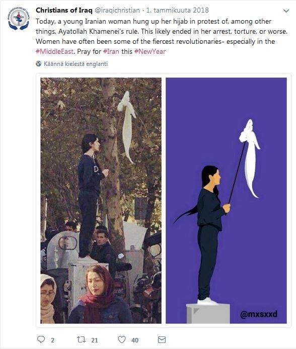 Mielenosoitusten symboliksi nousi nainen, joka protestiksi riisui hijabinsa. Kuvakaappaus Christians in Iraq -Twitter-tililtä (https://twitter.com/iraqichristian/status/947605094740168705).