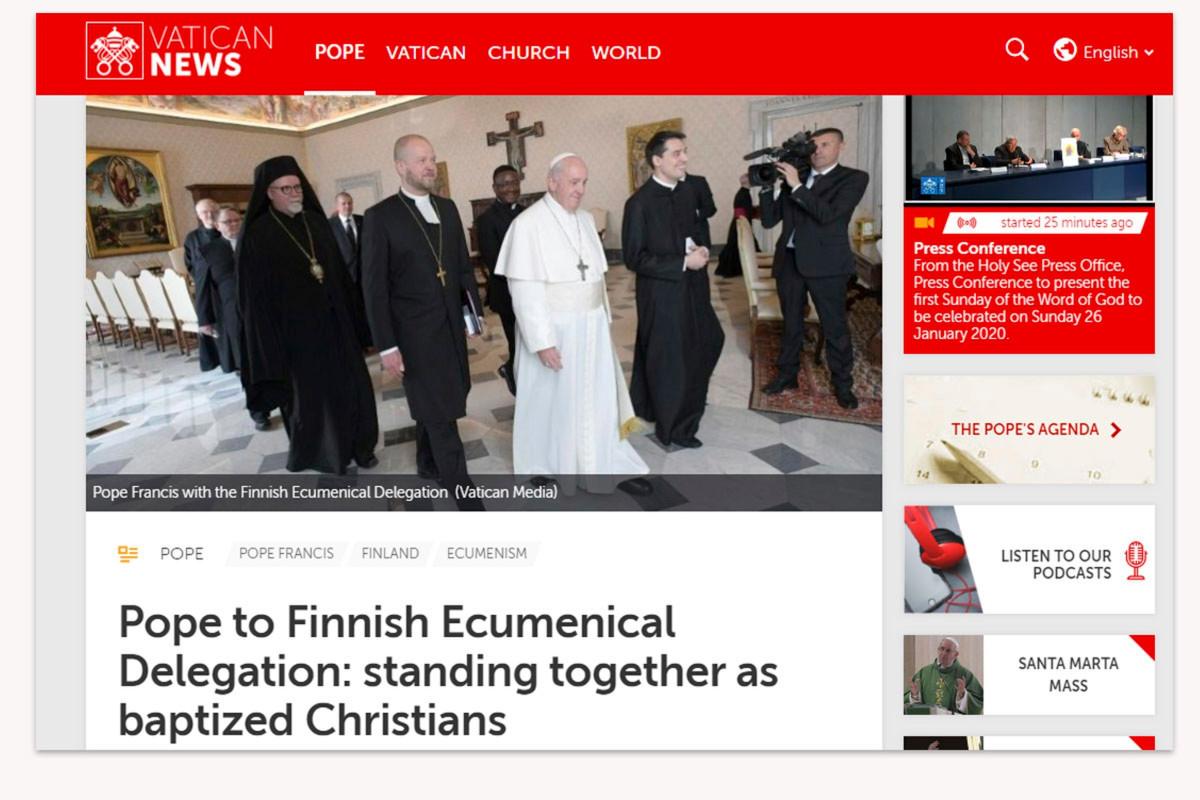 Suomalaisvaltuuskunnan vierailu paavin luona noteerattiin Vatikaanin verkkosivuilla.