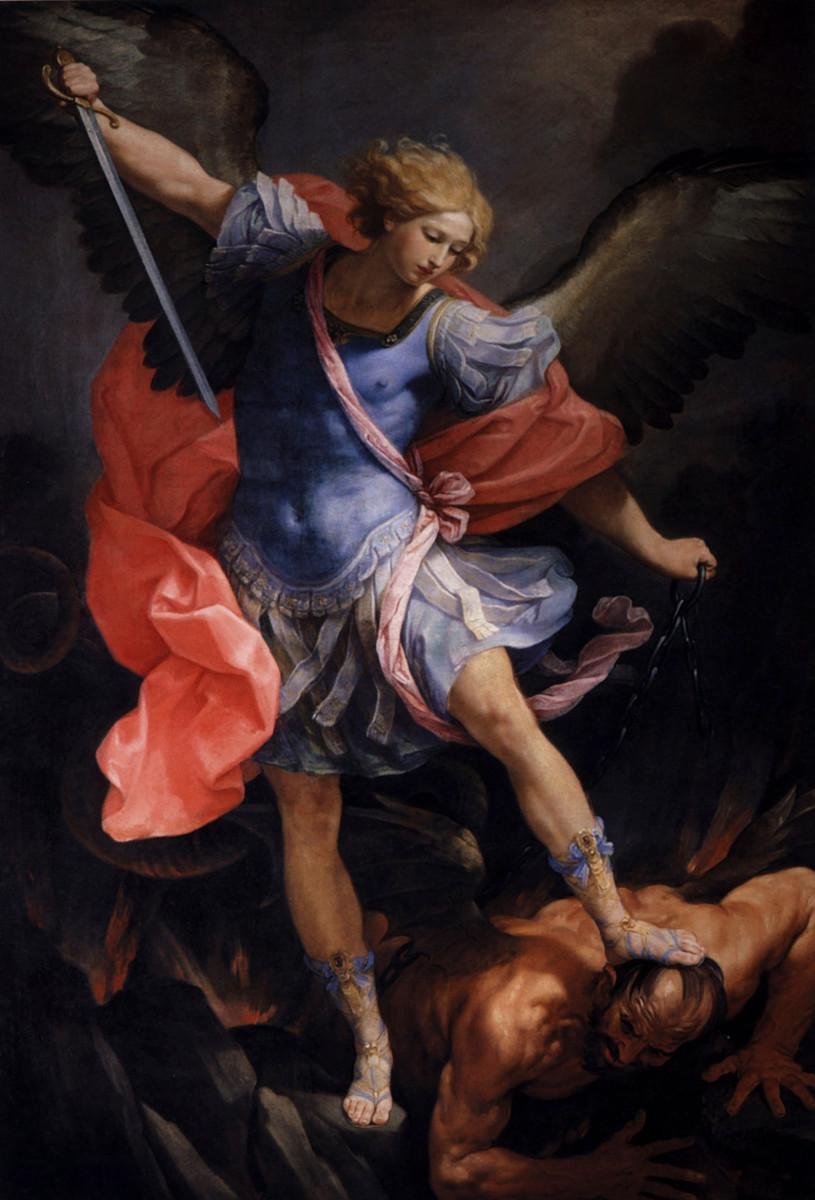 Guido Renin maalaama arkkienkeli Mikael polkee jalkoihinsa Saatanan Rooman Santa Maria della Concezione kirkossa.