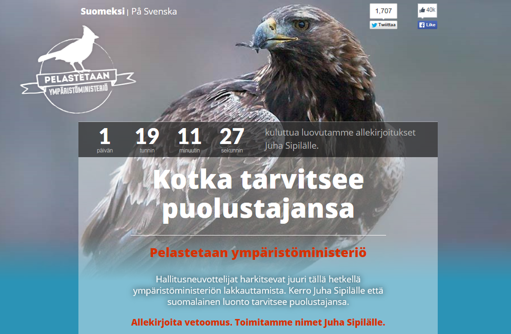 Kuvakaappaus luontojärjestöjen vetoomussivusta maanantaina 25.5.2015 kello 12.30, jolloin koossa oli yli 55 000 nimeä.