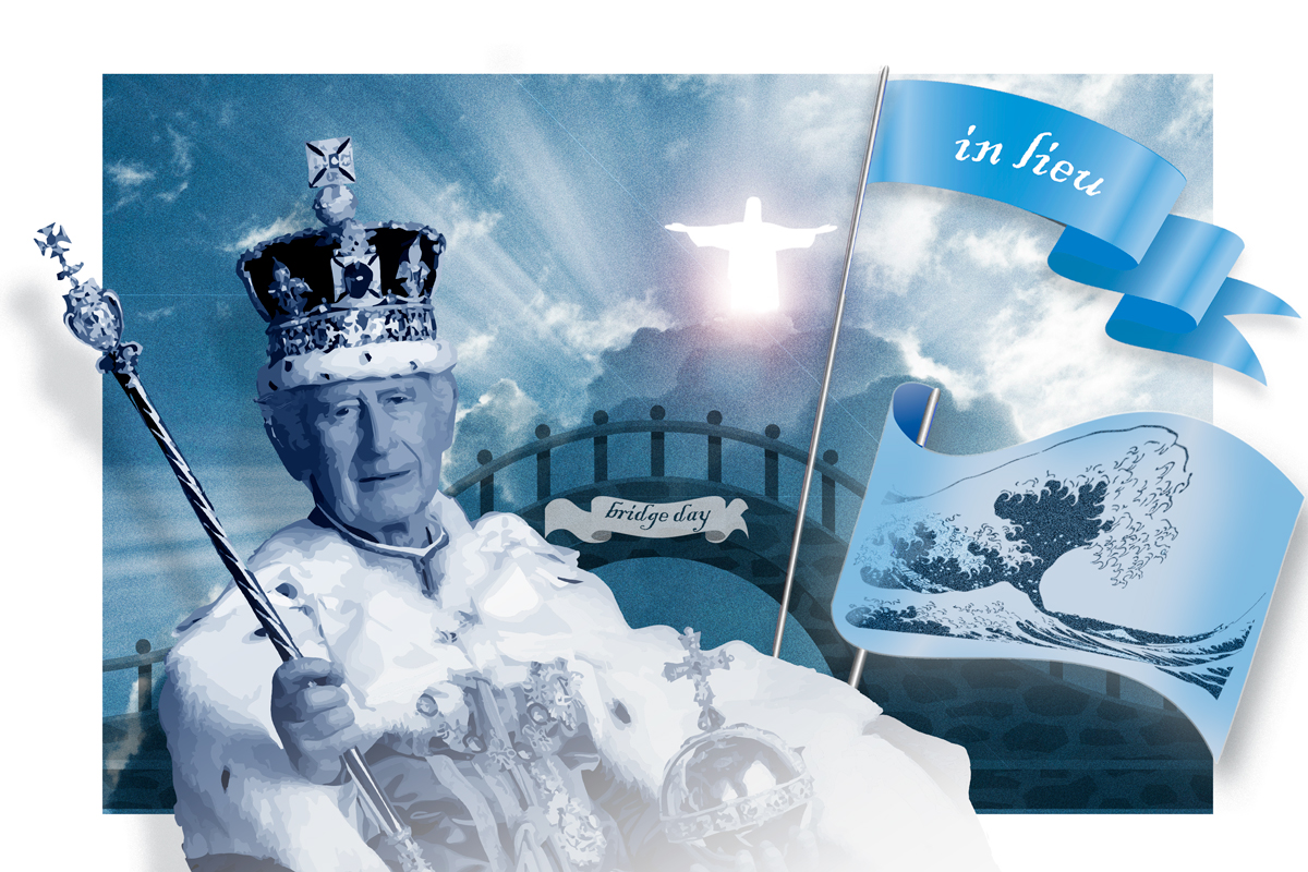 Maailmalla vietetään juhlapäiviä monenlaisista syistä. Lähdekuvat: kuningas Charles III:n kruunajaiskuva, iStock ja Suuri aalto Kanagawan edustalla-puupiirros