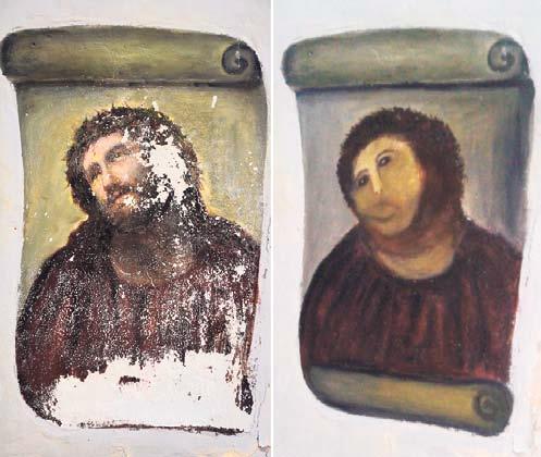 Jeesus-fresko ennen restaurointia ja restauroinnin jälkeen.