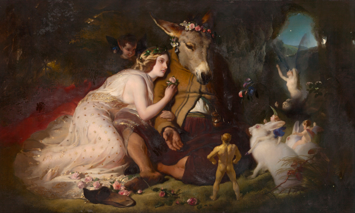 Edwin Landseerin maalaus kuvaa Shakespearen näytelmää Kesäyön unelma. Teos Scene from A Midsummer Night’s Dream. Titania and Bottom on tehty 1848–1851. Kuva: National Gallery of Victoria / Wikimedia Commons