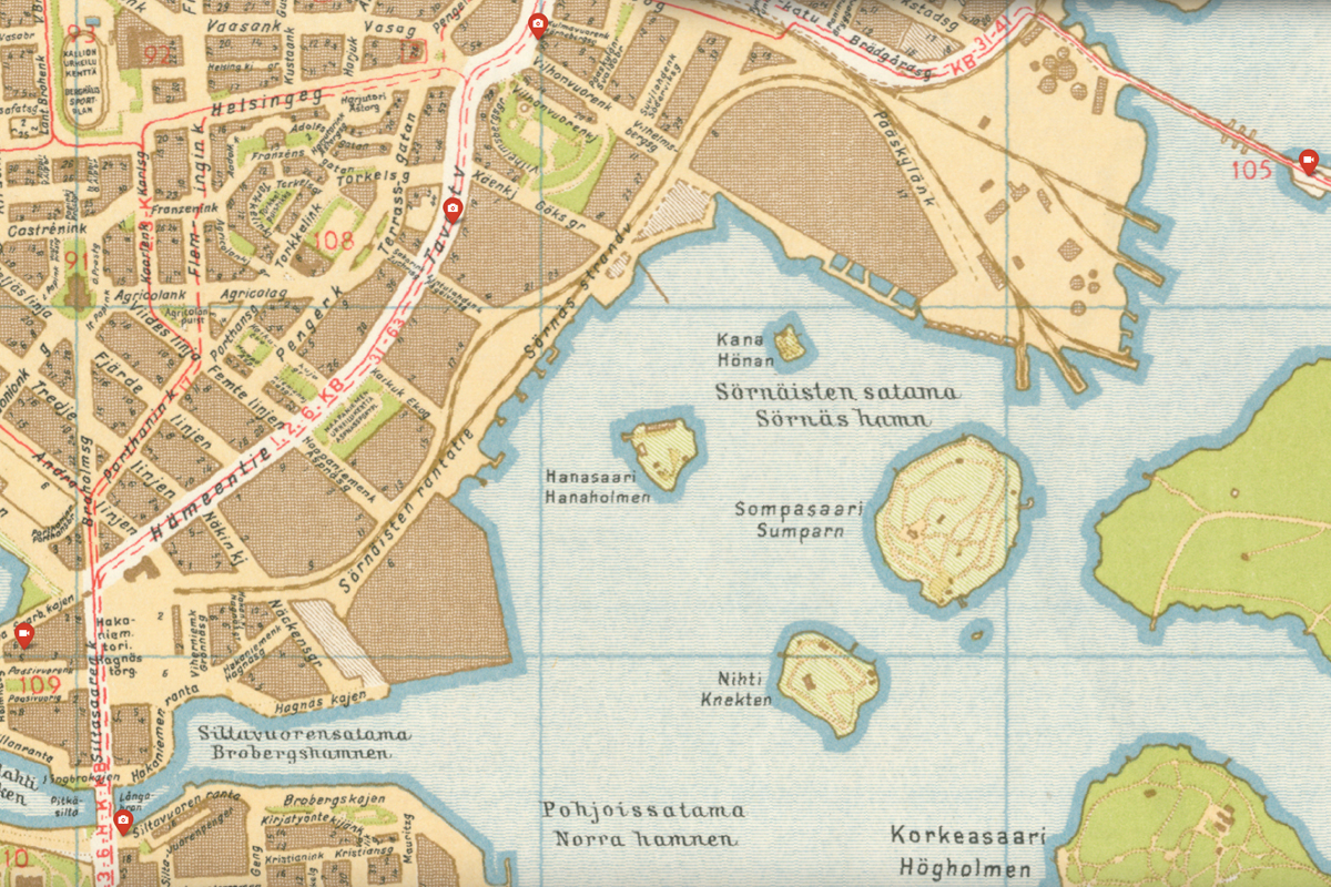 Kalasataman rantaviiva kulki lähellä Hämeentietä vuonna 1949. Kuva Kansalliskirjasto.