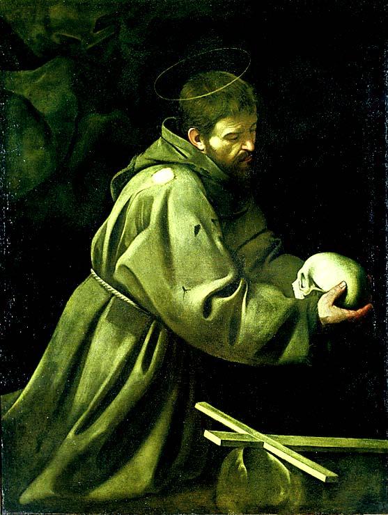 Caravaggion maalaus Pyhä Fransiskus meditoi. 