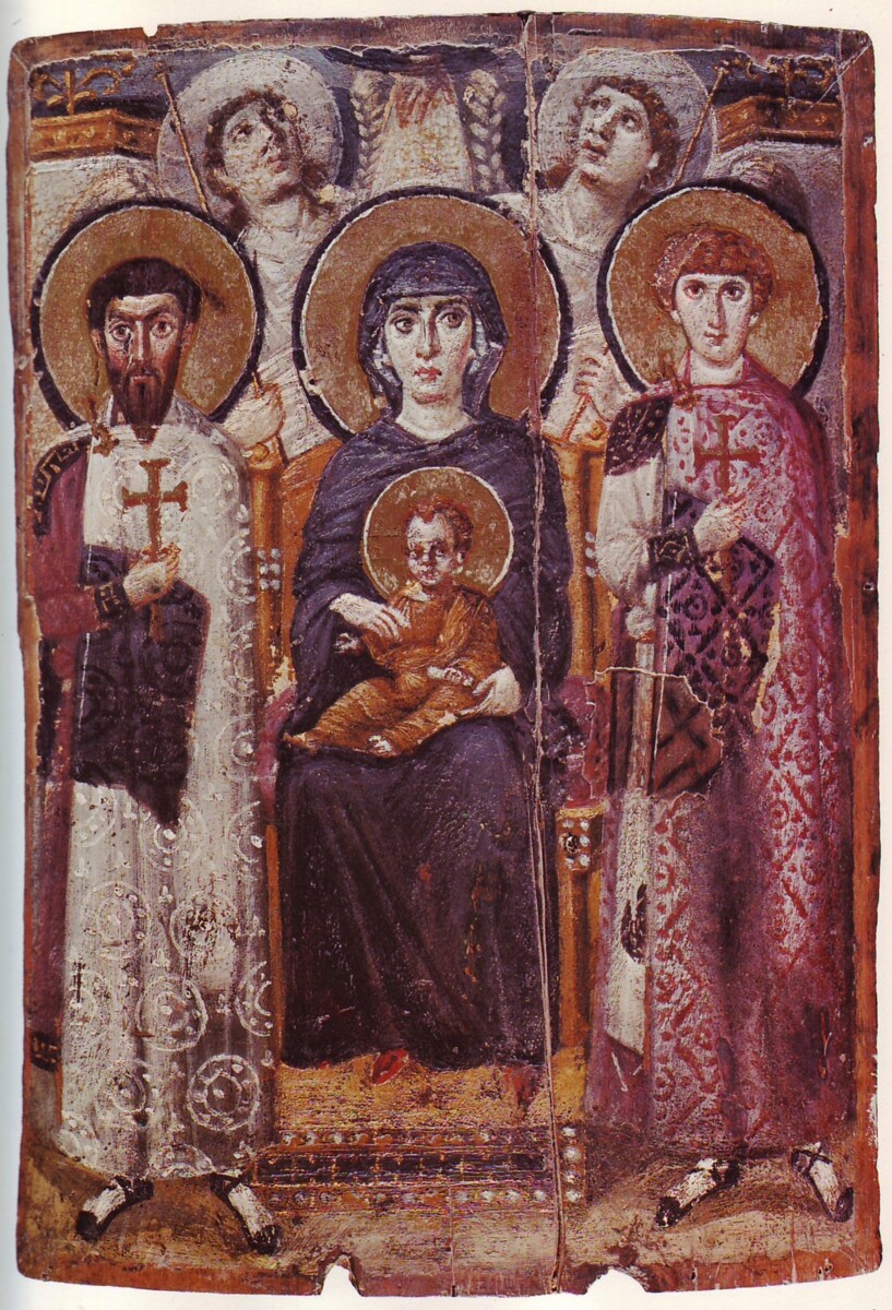 Neitsyt Maria kuvataan usein ikoneissa punaisissa kengissä. Kuvassa on yksi vanhimmista kristillisistä ikoneista. Kuva: Wikimedia Commons. 