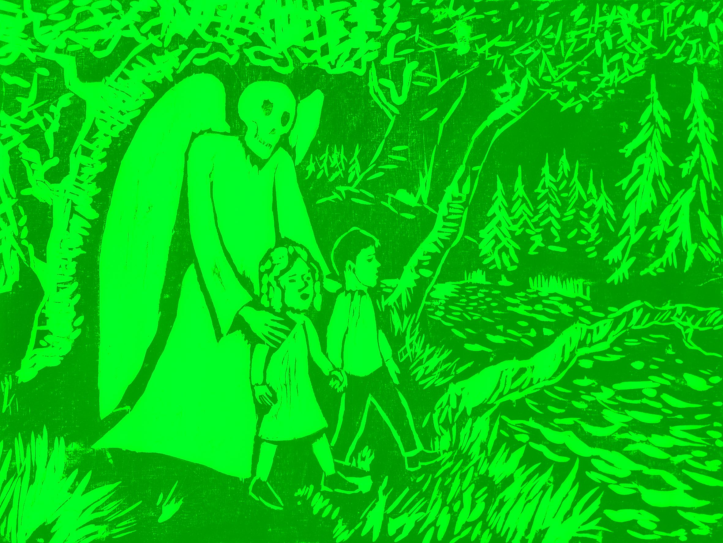 Hanasaaressa on esillä Kalervo Palsan teoksia, muun muassa tämä puupiirros Ihana enkeli. Kuva: Jussi Jäppinen