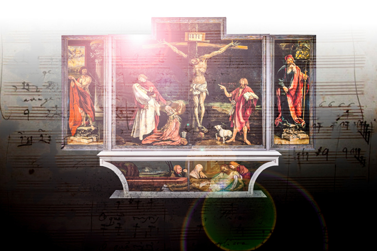 Matthias Grünewaldin teos Isenheimin luostarikirkkoon valmistui noin vuonna 1515. Kuva: Maija Saari, lähdekuvat: Matthias Grünewaldin maalaamat (1470–1528) Isenheimin alttaritaulut /Wikimedia commons. Taustalla säveltäjä Giovanni Battista Pergolesin (1710 – 1736) nuottimerkinnät.