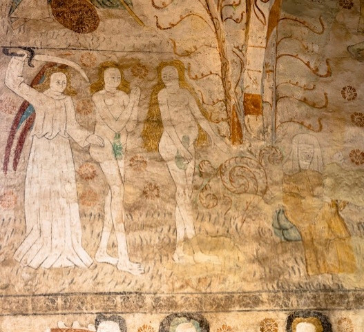 Maalaus nimeltä Enkeli häätää Aatamin ja Eevan paratiisista (1510-luku), tekijä tuntematon. Valokuva: Anneli Kanto