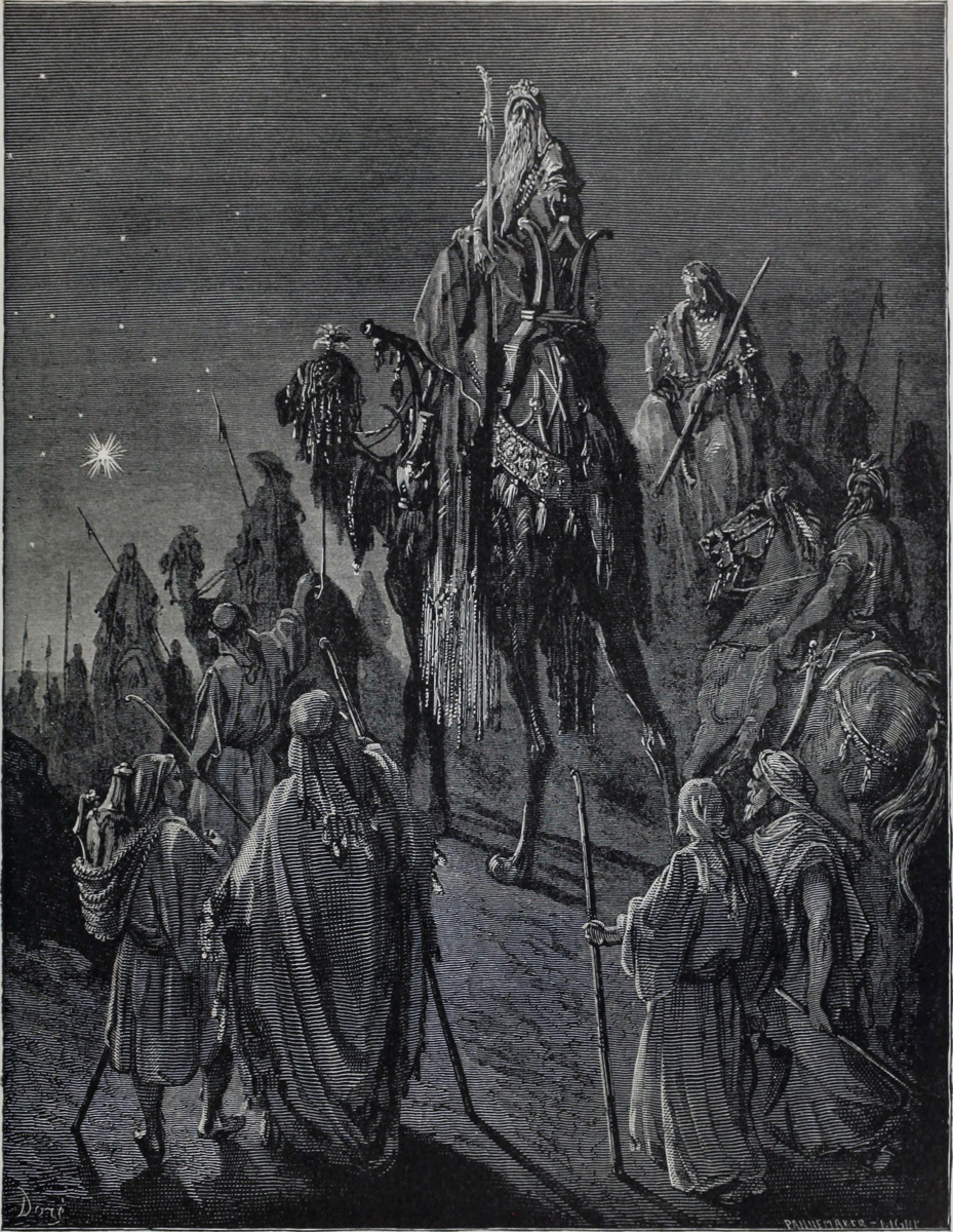 Gustave Dorén vuonna 1866 tekemä kuva kolmesta idän tietäjästä seuraamassa tähteä, joka johdatti heidät Betlehemiin ihmettelemään Jeesus-lasta. Legendan mukaan heidän nimensä olivat Caspar, Melchior ja Balthasar. Kuva: Gustave Doré / Wikimedia Commons