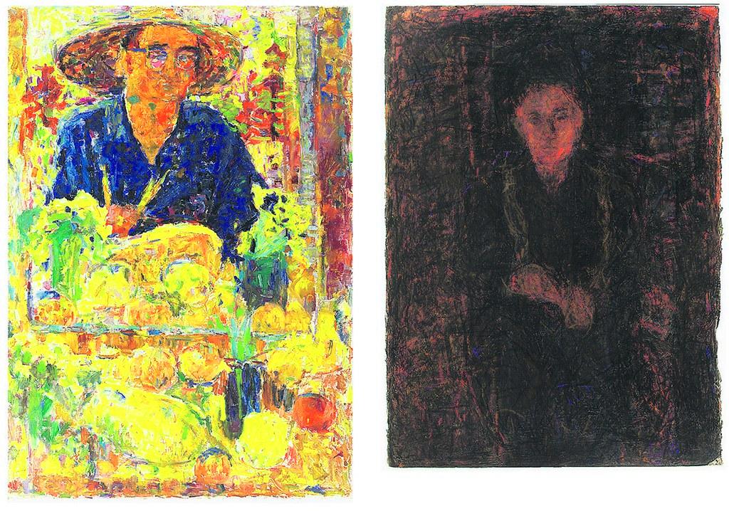 Erilaiset värimaailmat. Vasemmalla on taiteilijan omakuva vuodelta 1969, oikealla vuodelta 2013. Kuva: Kirsi Halkola/Valtion taidemuseo, Kuvataiteen keskusarkisto