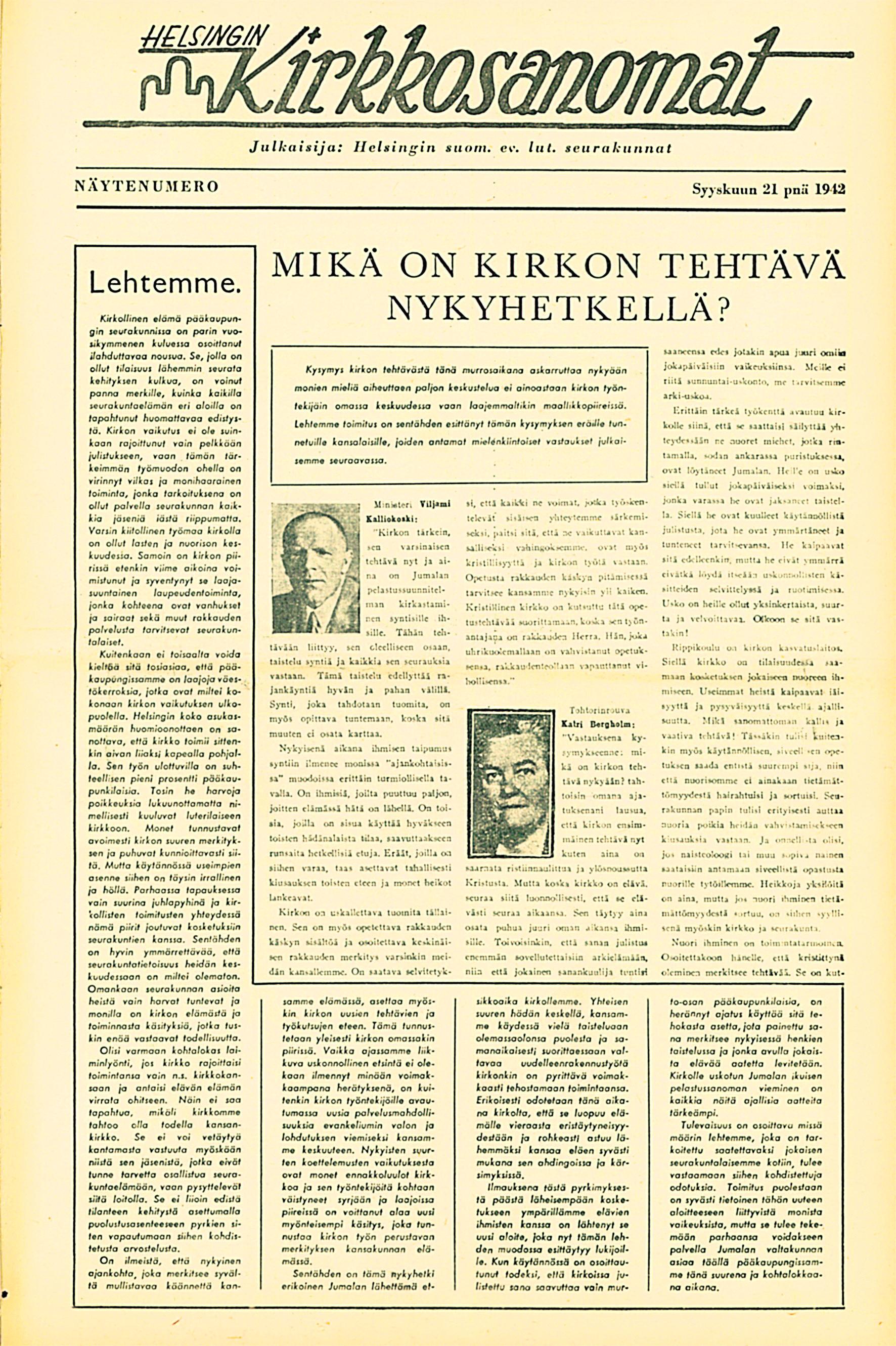 Aikajanalla. Entisajan sanomalehtimäisessä ulkoasussa lehden etusivu sisältää kokonaisen artikkelin. Muutos aikakauslehtimäiseen suuntaan 1990-luvulla ilmenee siinä, että kannessa on vahva kuva, jonka yhteydessä on muutama kansivinkkiteksti. Mutta osoittaako kansiteksti ”Pyörryin aamuhartaudessa” 21.3.1962, että ennenkin osattiin olla vitsikkäitä?