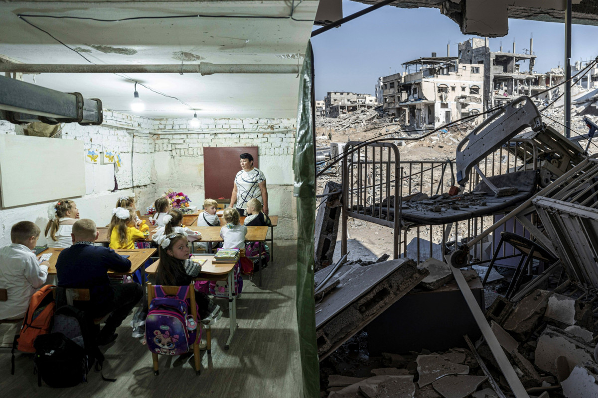 Kuvassa vasemmalla: ukrainalaiset lapset käyvät koulua kellaritilassa. Kirkon Ulkomaanapu keskittyy  muun muassa koulutukseen ja sodasta kärsineiden koulujen ja oppilaitosten jälleenrakentamiseen Ukrainassa.Kuva oikealla: Suomen Lähetysseura auttaa Gazan sodan siviiliuhreja muun muassa järjestämällä hätämajoitusta, ruoka-apua ja psykososiaalista tukea. Kuvassa näkyy tuhoutunut lastensairaala.