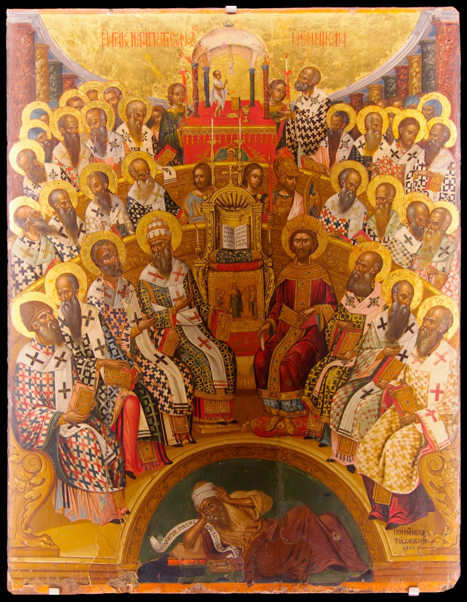 Keisari ja kirkon päättäjät koolla Nikeassa. Mikael Damaskinoksen maalaus on 1500-luvun lopulta. Kuva: Wikimedia Commons