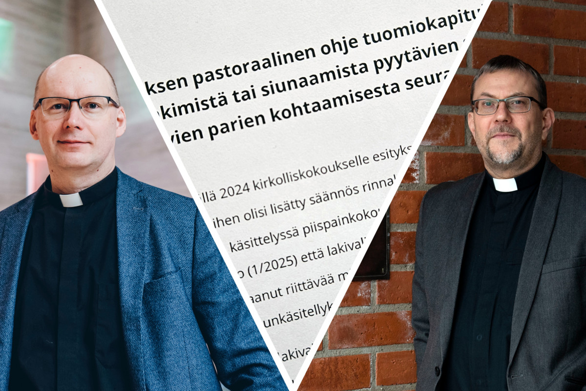 Pastoraalisen ohjeen soveltamisessa Janne Silvastin (vas) johtama Tikkurilan seurakunta on päätynyt erilaiseen ratkaisuun kuin Jussi Mäkelän johtama Vuosaaren seurakunta.