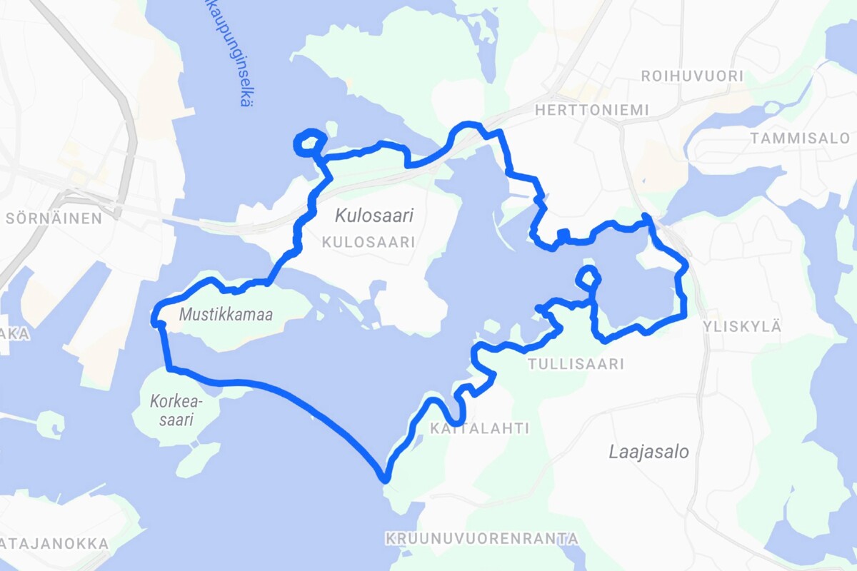 Ympyräreitti: Korkeasaaren portit–Kruunuvuoren silta–Kaitalahti–Tullisaaren puisto–Herttoniemenranta–Kulosaari–Mustikkamaa–Korkeasaaren portit.