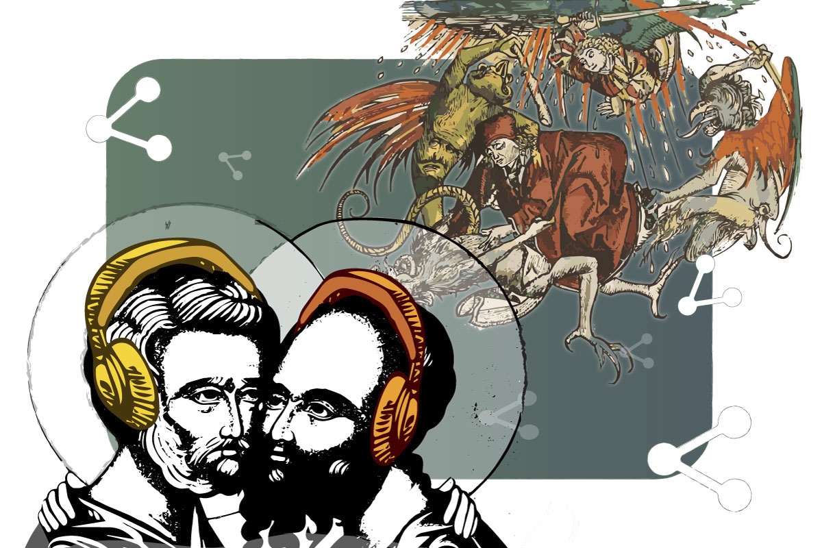 Yksi apokryfikirjojen lurjuksista on Simon Magus: taustalla olevan kuvan lähteenä on häntä esittävä piirros The Death of The Antichrist vuodelta 1493. Podcasteissa pureudutaan myös apokryfikirjojen kiemuroihin.
