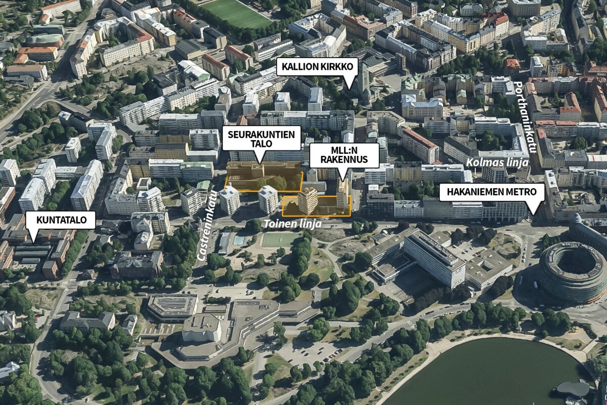 Toisen ja Kolmannen linjan toimistotaloja halutaan muuttaa asuinrakennuksiksi. Kuva: Helsingin karttapalvelu, kuvankäsittely Maija Saari