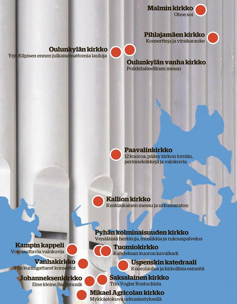 Kirkkojen menot kartalla. Urut soivat monessa Helsingin kirkossa Taiteiden yönä, mutta niissä tapahtuu paljon muutakin. Kuva: Tiina Vesterinen ja Esko Jämsä