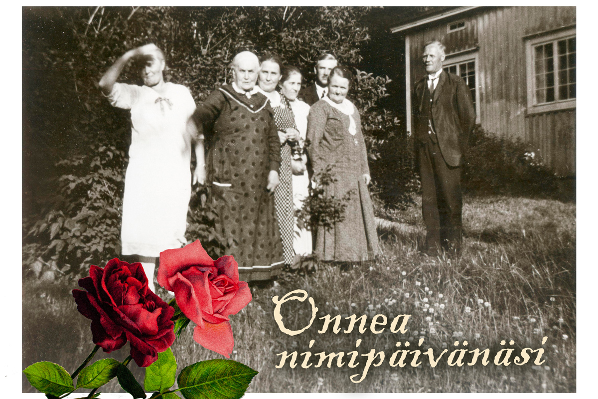 Onnittelijoita Olgan nimipäivänä 23.7.1933 Håkansbölen kartanolla Vantaalla. Nimipäiväsankari Olga Malmgren on toinen vasemmalta. Kuva: Vantaan kaupunginmuseo.