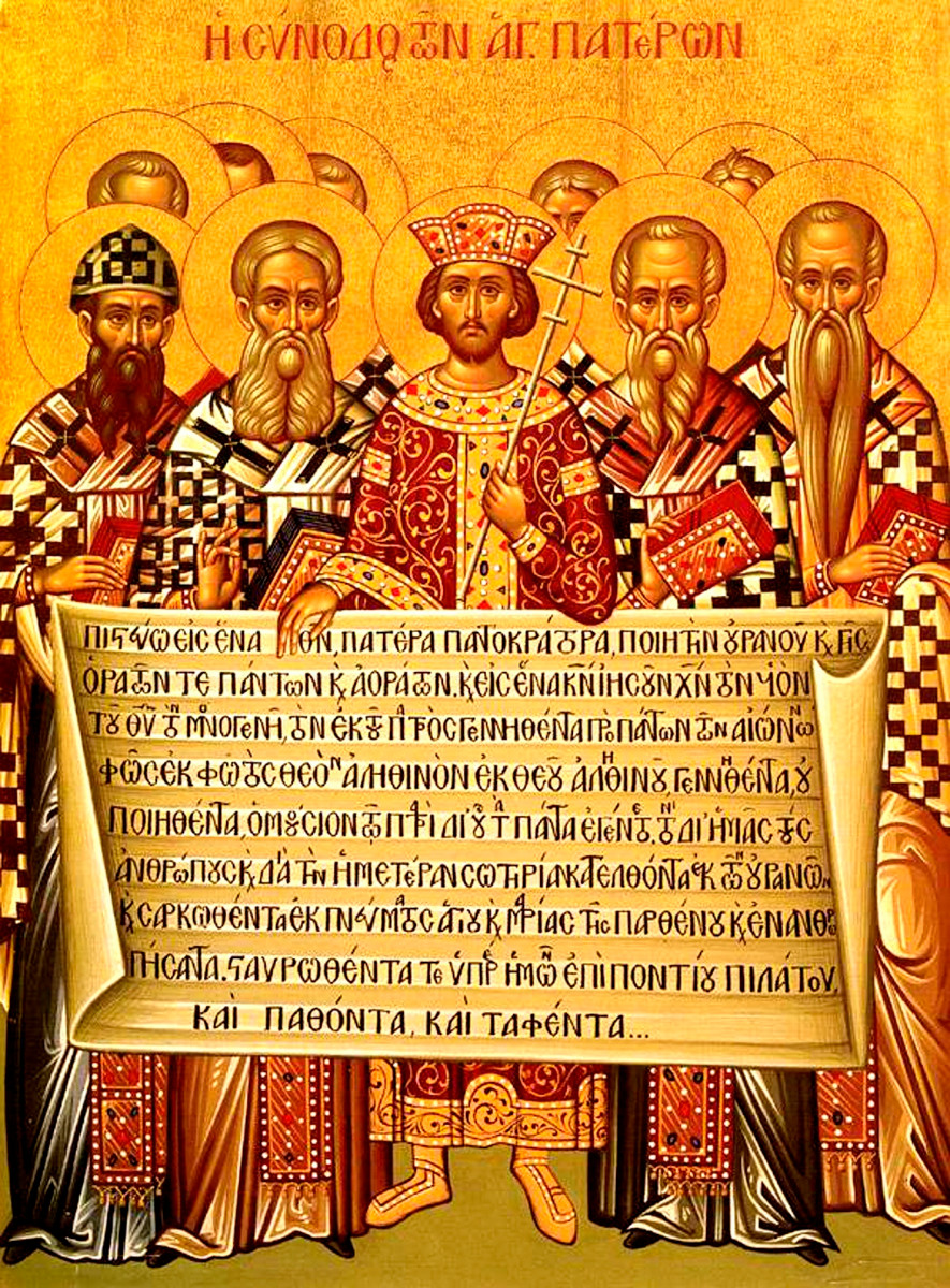 Ikoniin on kuvattuna keisari Konstantinus ja Nikean konsiiliin osallistuneita piispoja uskontunnustustekstin kanssa. Kuva: Wikimedia Commons