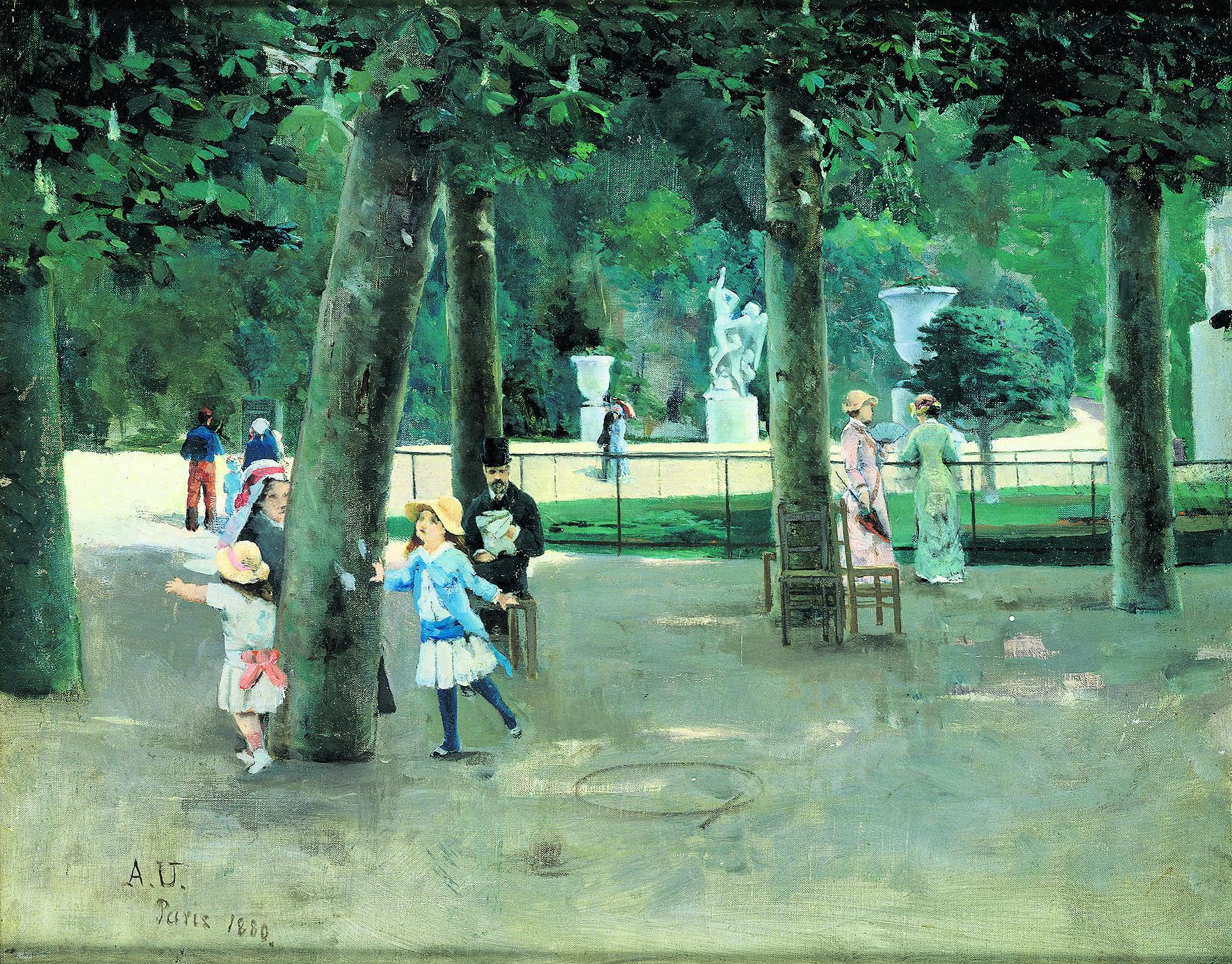 Edelläkävijä. Pariisilaisia puistonäkymiä maalattiin jo ennen Edelfeltiä, kuten August Uotilan teos Keväällä Tuileries’n puistossa vuodelta 1880 osoittaa.