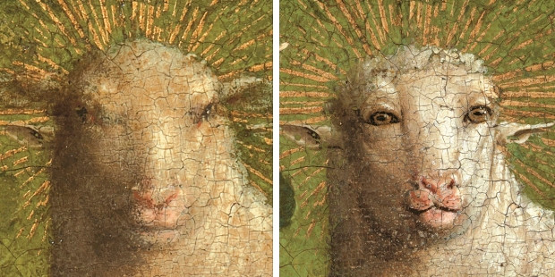 Vasemmalla karitsan kasvot ennen restaurointia, oikealla restauroinnissa paljastuneet alkuperäiset kasvot.