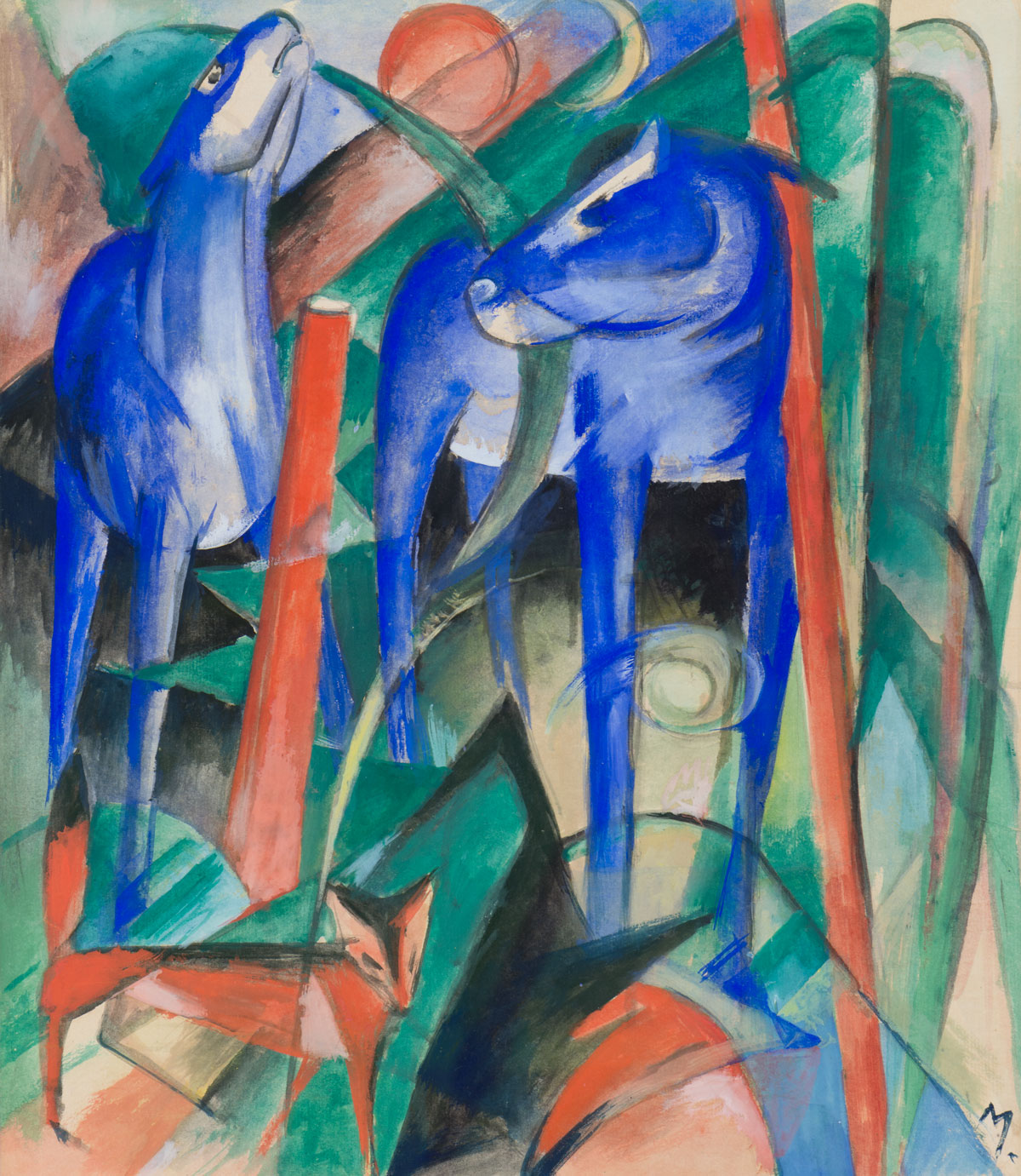 Franz Marc (1880–1916), Hevosten luominen, 1913, vesiväri ja guassi, Museum de Fundatie, Zwolle.