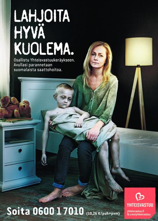 Yhteisvastuukeräyksen 2014 teemana oli saattohoito. Kampanjan kuvitukset herättivät keskustelua.