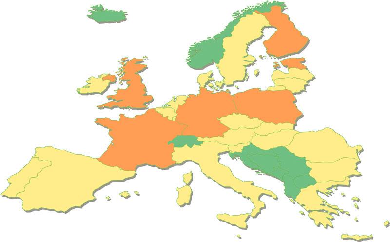 EU-Eurooppa. Karttaan on piirretty Euroopan unionin jäsenvaltiot Kyprosta lukuun ottamatta. (vihreällä merkityt alueet eivät kuulu Unioniin). Uskontokartoitukseen on valittu punaisella merkityt valtiot: Iso Britannia, Puola, Ranska, Saksa, Suomi ja Viro. Piirros: Toni Brantberg