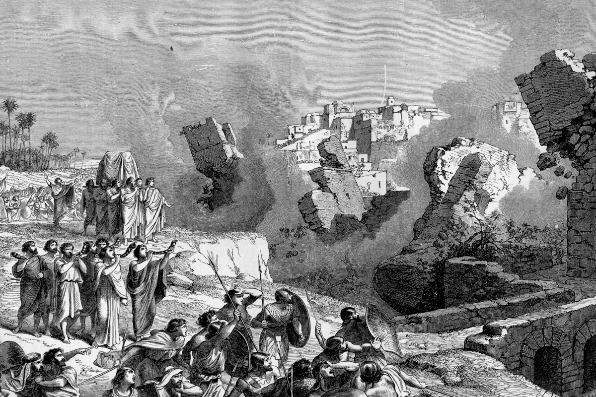 Raamatun kuvaama Jerikon piiritys ja muurien sortuminen. Kuva: Illustredad Familjebibel, Fröleen & Comp. 1906.