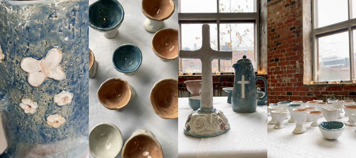 Rauha Aaltonen valmisti seurakuntalaisten kanssa savesta ehtoollisvälineet noin 60 hengelle Kallion seurakunnan uuteen messutilaan, Studio Skaalaan.