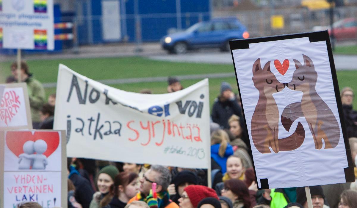Tasa-arvoisen avioliittolain kannattajat osoittivat mieltään marraskuussa 2014. Kuva: Matti Karppinen