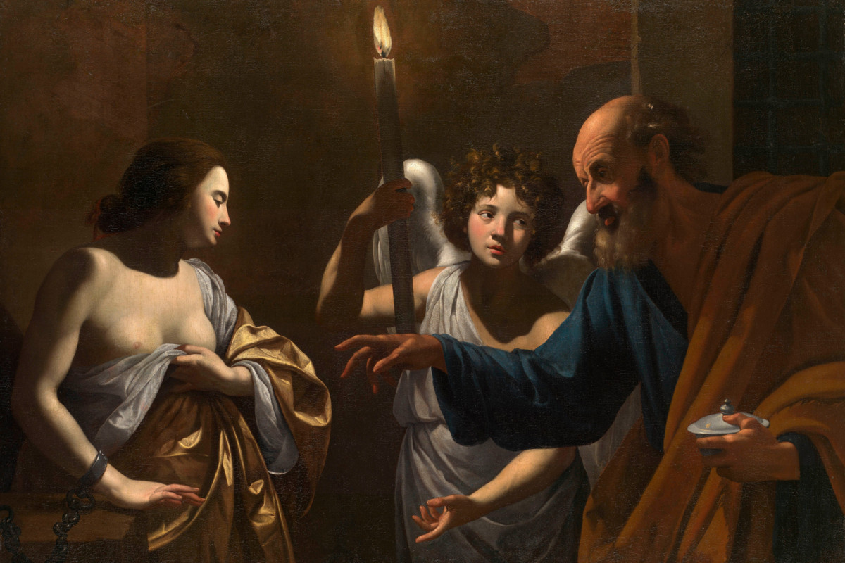 Pietari tapaamassa pyhää Agathaa vankilassa. Maalauksen arvioidaan valmistuneen vuonna 1624, ja sen on maalannut Simon Vouet. Kuva: Wikimedia Commons. 