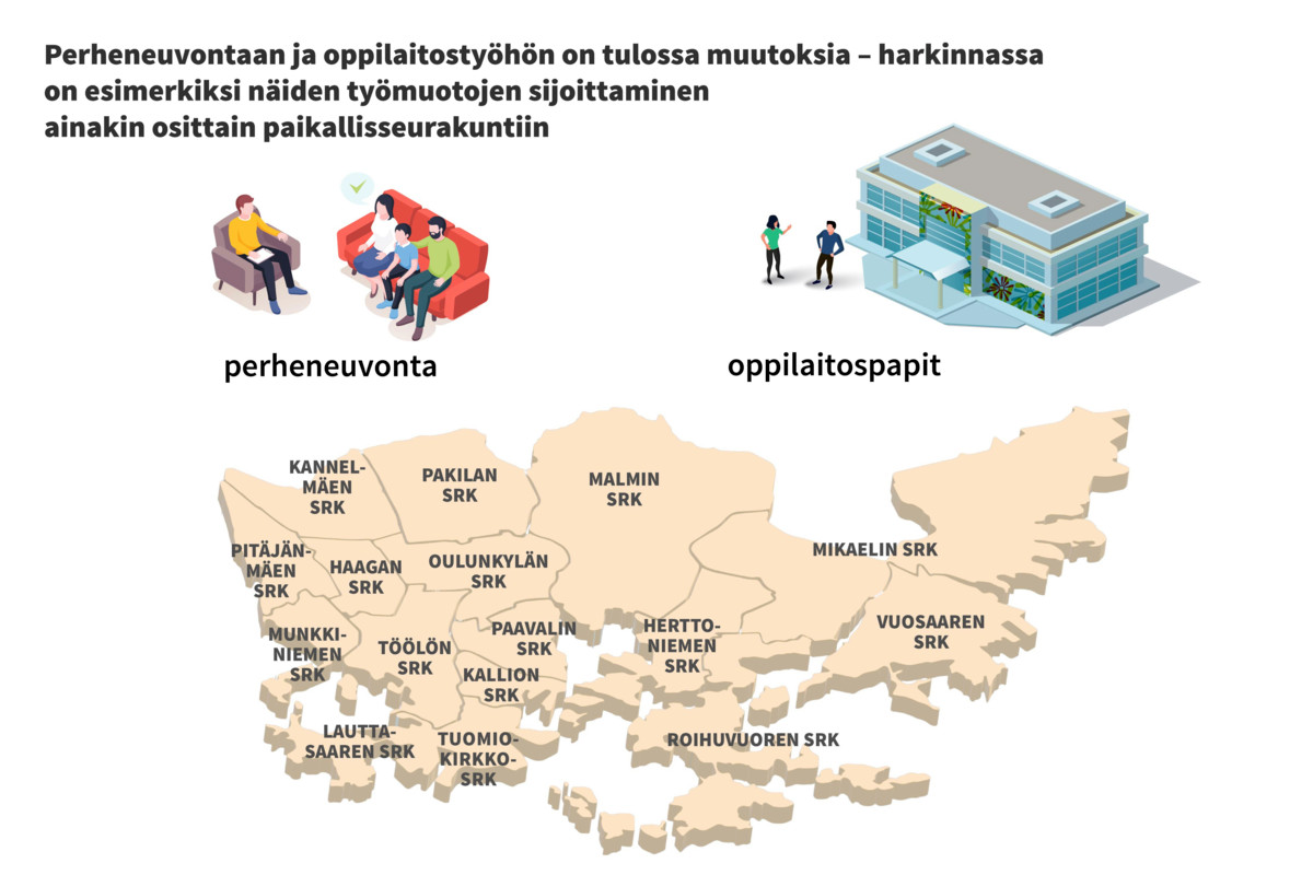 Kartassa näkyvät Helsingin 16 suomenkielistä seurakuntaa. Helsingin ruotsinkieliset seurakunnat ovat Johanneksen, Matteuksen ja Petruksen seurakunnat.