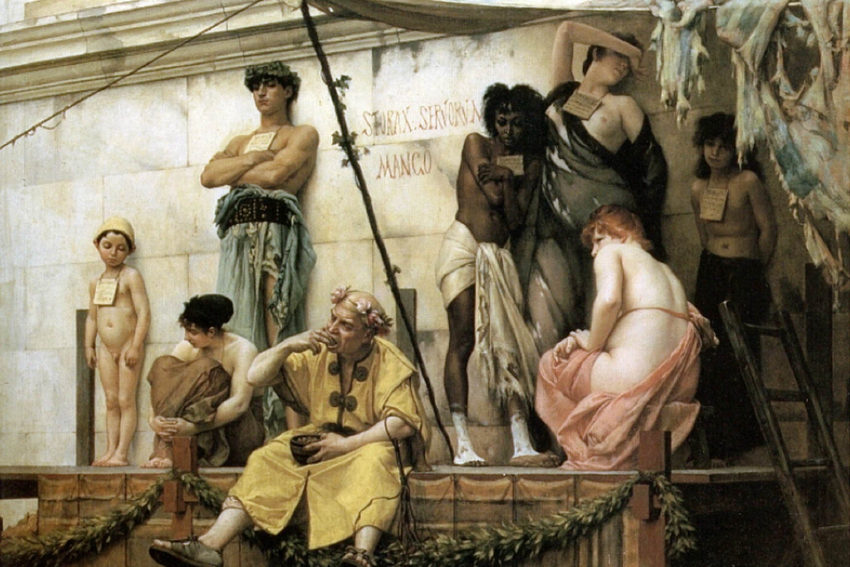 Orjamarkkinat antiikin Roomassa. Gustave Boulangerin maalaus vuodelta 1882.