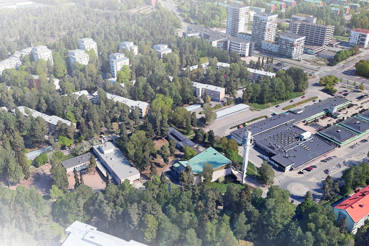 Munkkivuoren kirkon lähellä sijaitsee koulu, päiväkoti ja ostoskeskus. Kuva: Arco Architecture Company