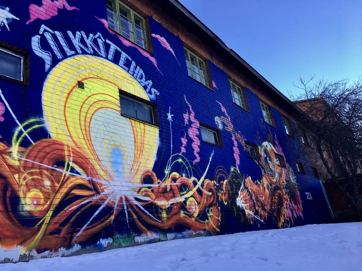 Tikkurila Silkkitehtaan seinässä oleva graffiti kuvaa mielikuvituksen alkuräjähdystä.