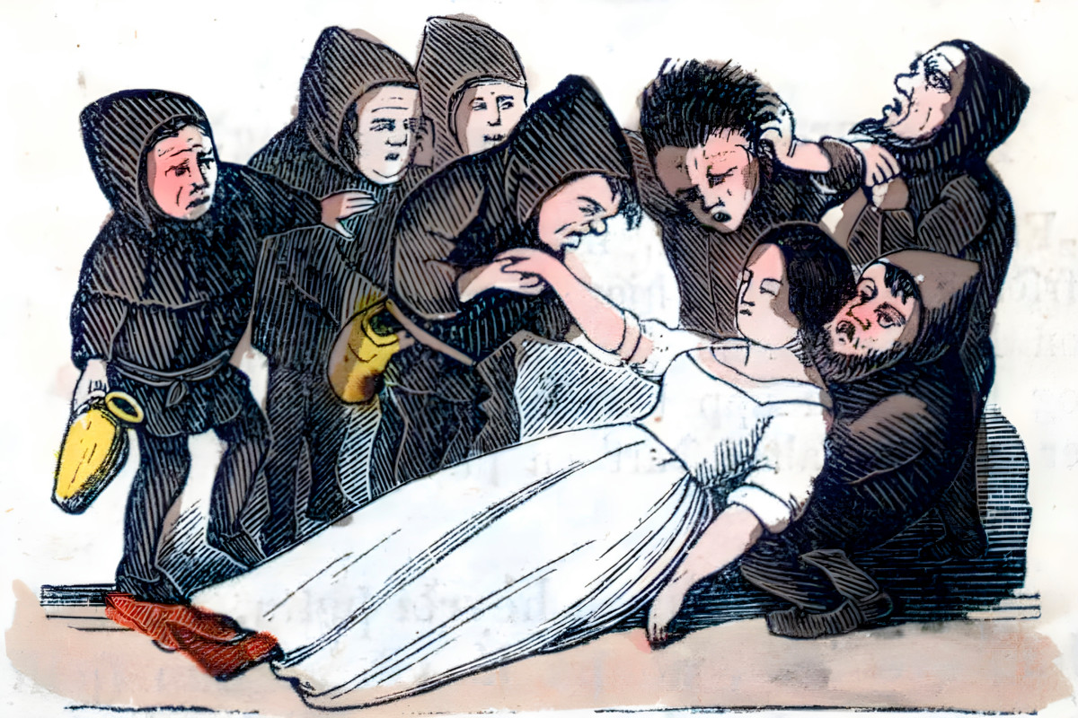 Lumikki-sadussa noita myrkyttää prinsessan, joka vaipuu kuoleman kaltaiseen uneen. Kuva: Wikimedia Commons. 
