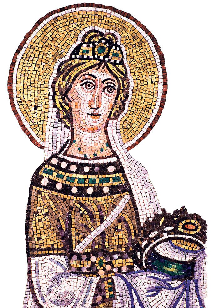 Pyhä Agnes. Osa maailman parhaiten säilyneistä mosaiikeista on Italian Ravennassa, jota on sanottu mosaiikkien pääkaupungiksi. Niiden kopioita voi nyt ihailla Tuomiokirkon kryptassa.