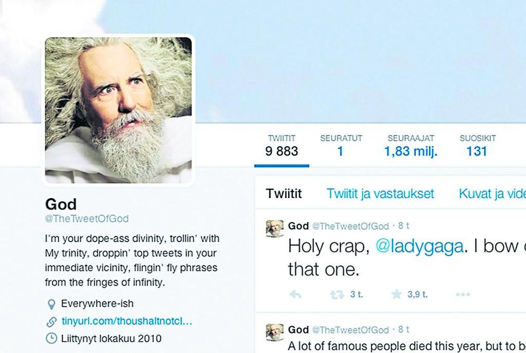 Pilkkaako? Amerikkalainen David Javerbaum laukoo totuuksia Twitterin jumalana. Kuva: Ruutukaappaus