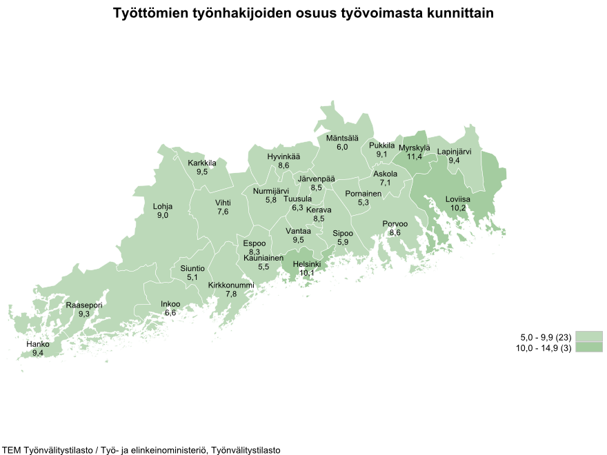 Helsingin työttömyysprosentti oli marraskuussa 2017 Uudenmaan kolmanneksi korkein.