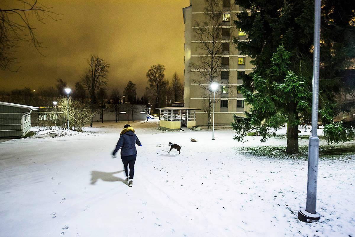 Sini Rajalan aamuhommiin kuuluu koiran pissittäminen. Mies vie yhteisen lapsen perhepäivähoitoon matkalla omaan työhönsä.