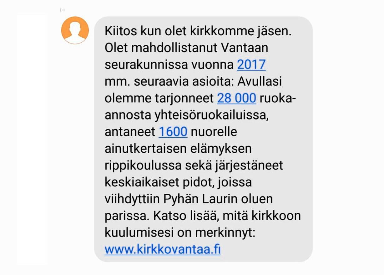 Vantaan seurakuntien lähettämä tekstiviesti.