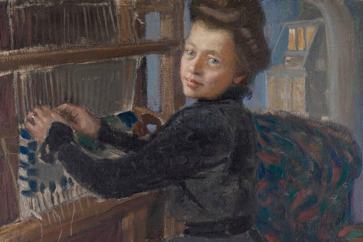 Mary Gallén osallistui miehensä Akseli Gallen-Kallelan töihin opettelemalla veistämään, toimimalla mallina ja kutomaan esimerkiksi ryijyä miehensä suunnitelman mukaan. Öljyvärimaalaus Mary kutoo on vuodelta 1905.