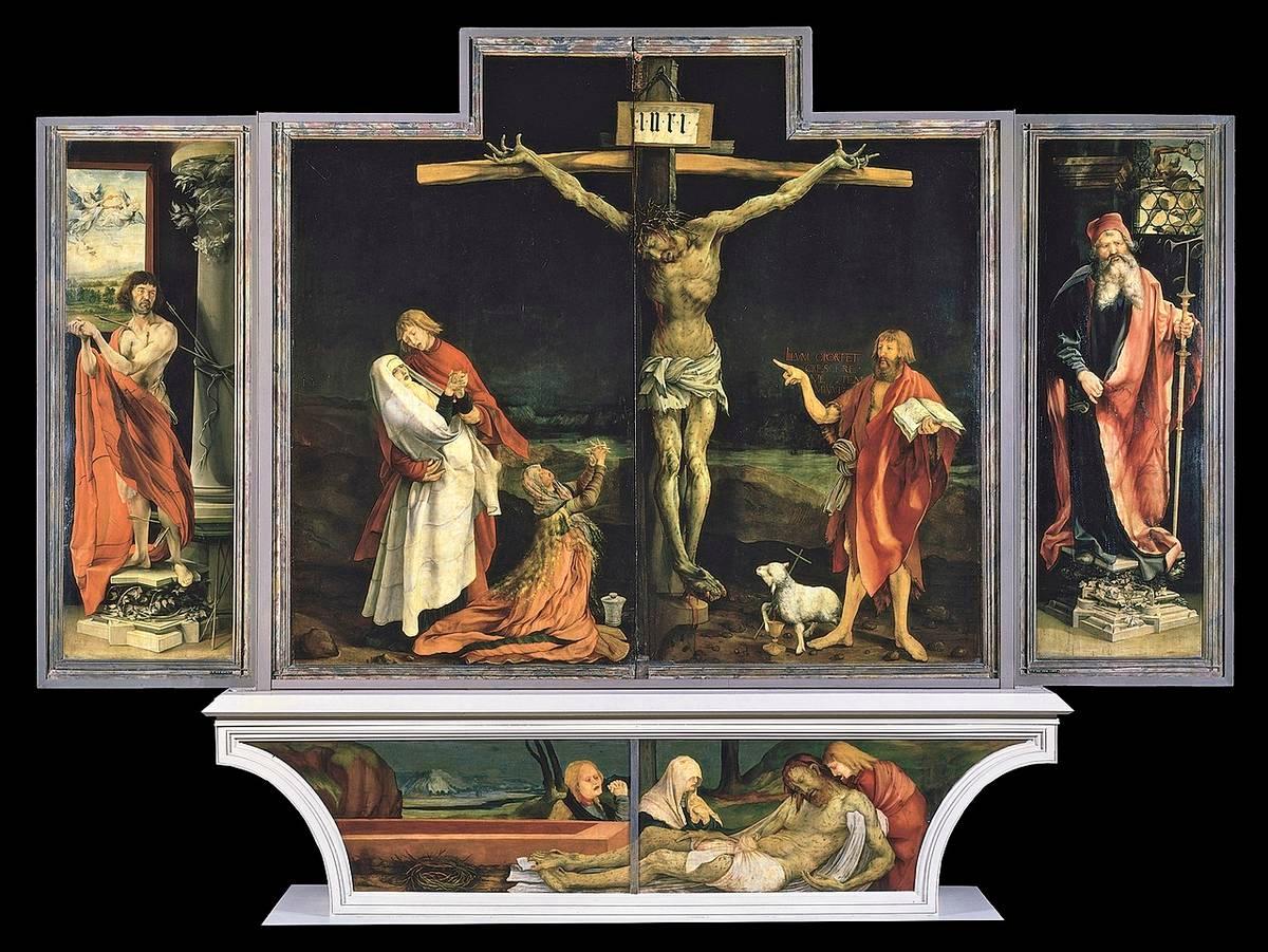 Matthias Grüneweldin alttarimaalaus Musée Unterlindenissä Colmarissa Ranskassa on keskiajan terapiaa. Siinä kipu lievitettiin eläytymällä Kristuksen kärsimykseen. Kuva: Wikimedia Commons.