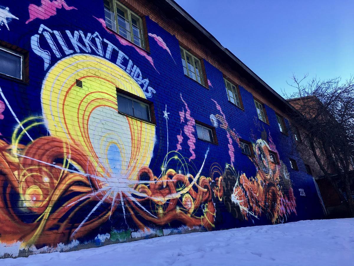 Tikkurila Silkkitehtaan seinässä oleva graffiti kuvaa mielikuvituksen alkuräjähdystä.
