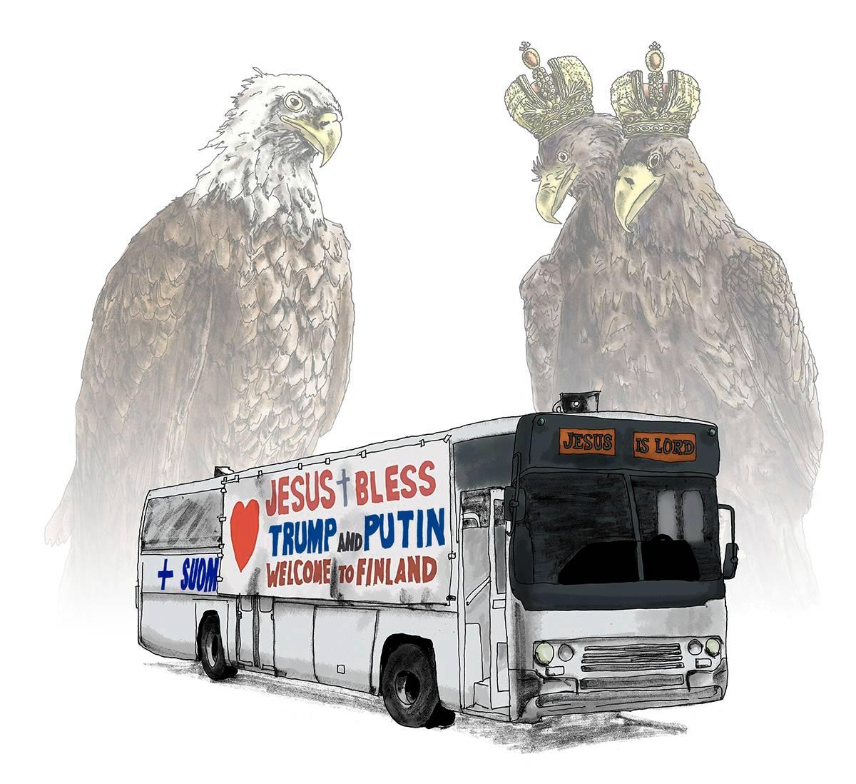 Joosua Mission bussi toivotti Trumpin ja Putinin tervetulleiksi Suomeen.