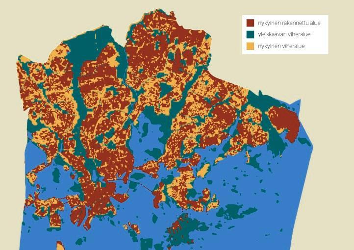 Oranssi merkitsee muutosta. Luontojärjestöjen laatimalla kartalla oranssit alueet ovat nykyisiä viheralueita, jotka on yleiskaavaluonnoksessa osoitettu rakentamiseen. Östersundomille tehdään omaa kaavaa.