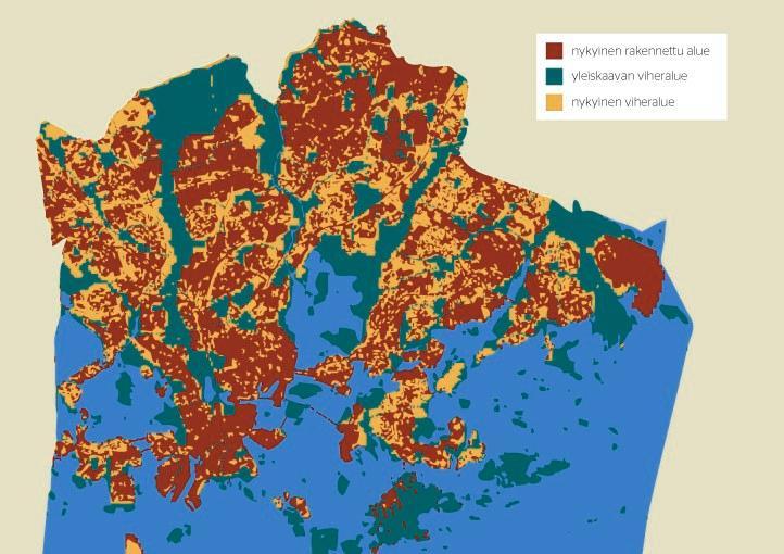 Oranssi merkitsee muutosta. Luontojärjestöjen laatimalla kartalla oranssit alueet ovat nykyisiä viheralueita, jotka on yleiskaava­luonnoksessa osoitettu rakentamiseen. Östersundomille tehdään omaa kaavaa.